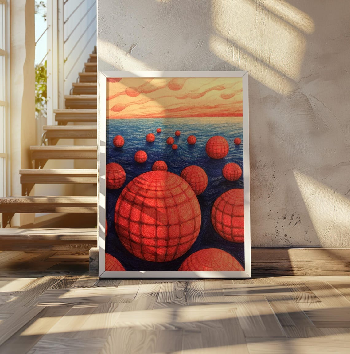 Surreal Red Polka Dot Spheres Floating Over Sunset Ocean Art Poster