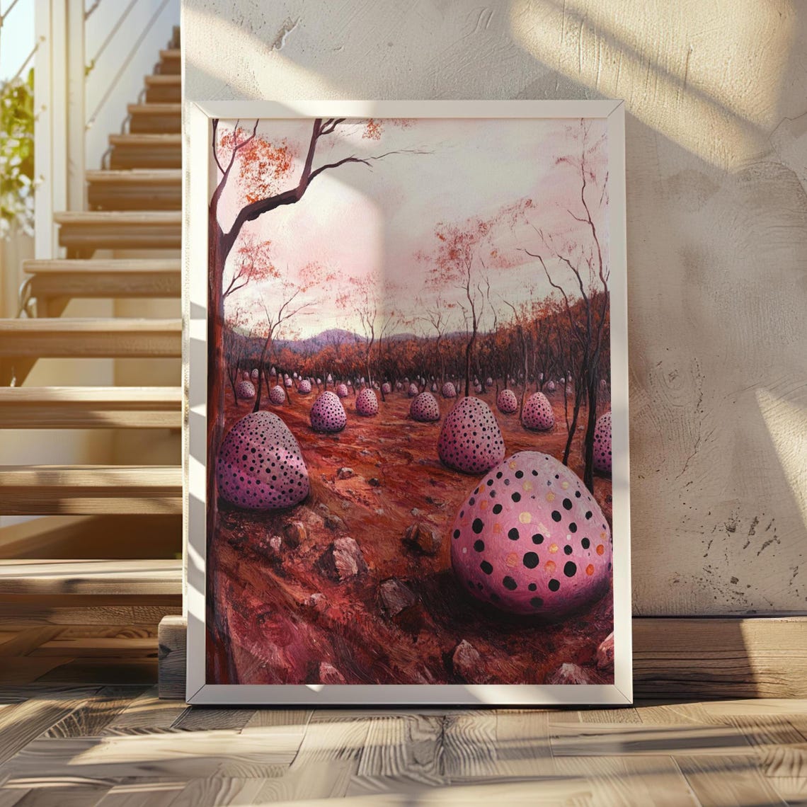 Surreal Red Field of Giant Pink Polka Dot Boulders at Dusk Poster