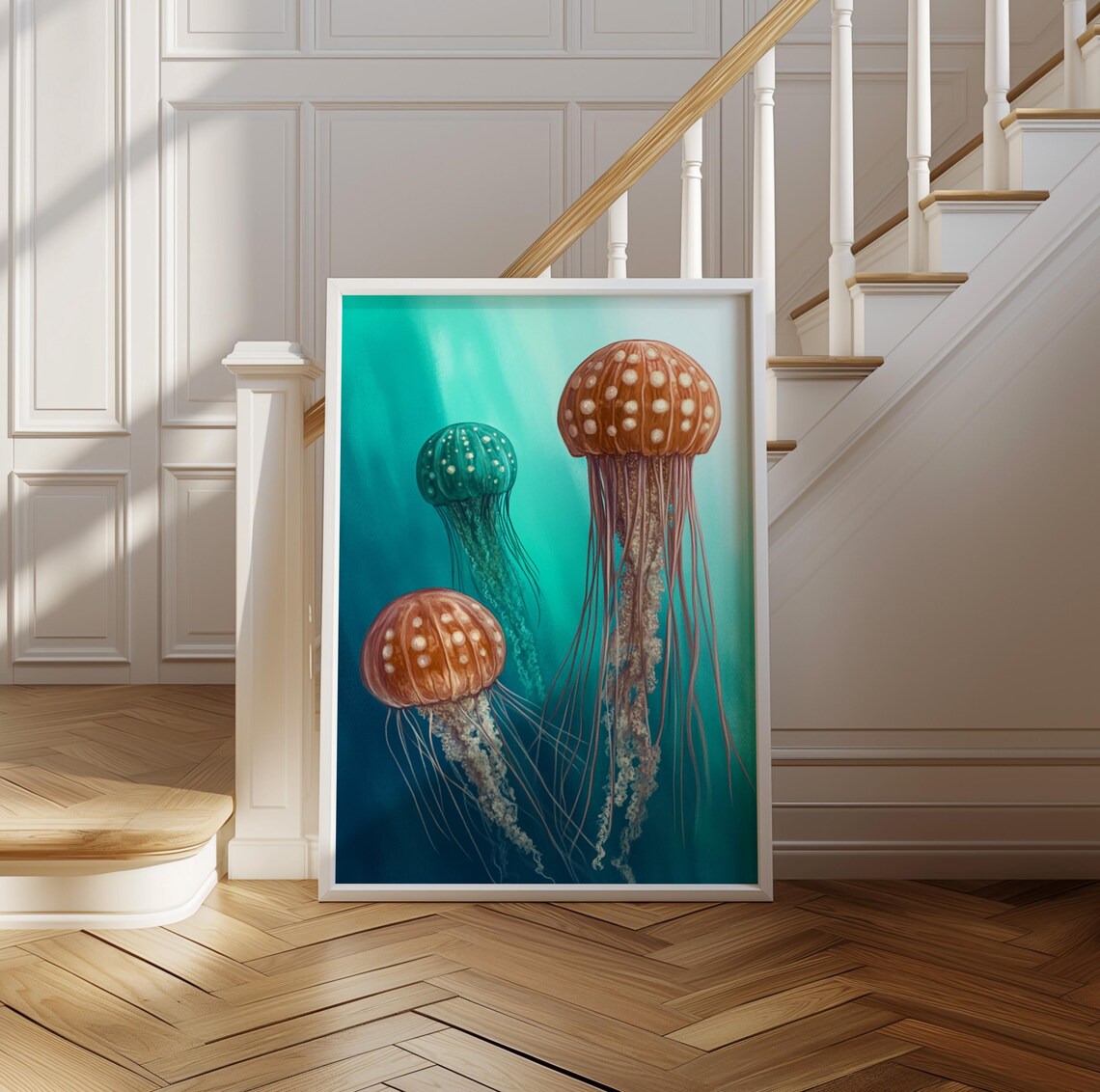 Kusama Inspired Three Jellyfish Amber Teal Dotted Trio Poster - Image 2