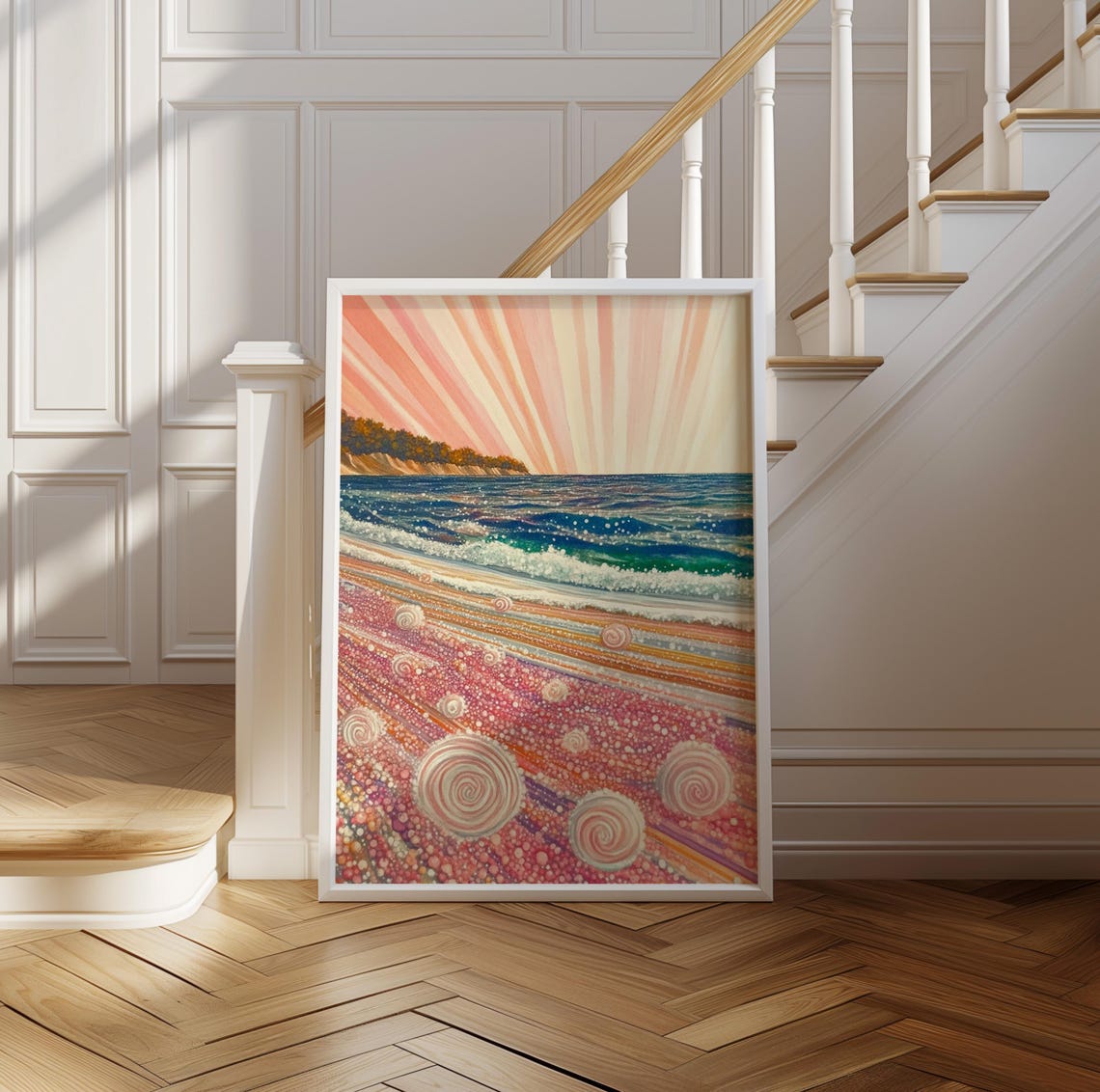 Kusama Inspired Spiral Shell Beach Pink Dots Sunrise Rays Poster - Image 2
