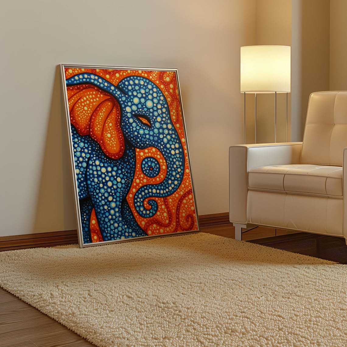 Blue Elephant Head in Dotted Style on Orange Background Poster - Image 3