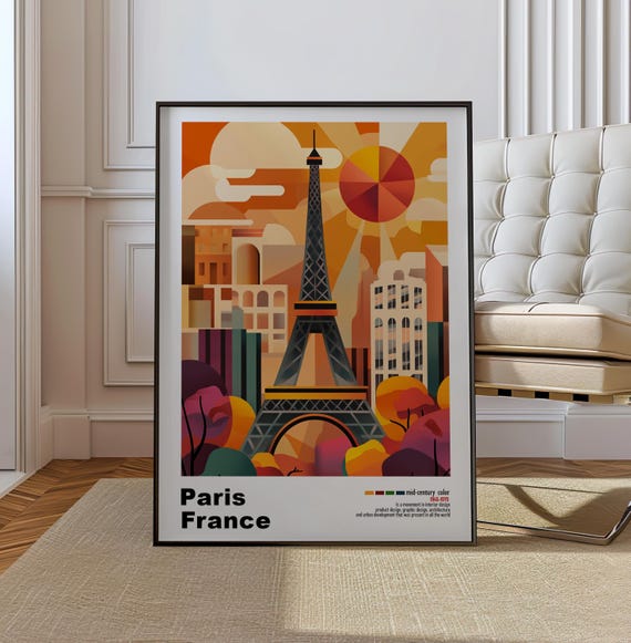 Paris France Mid Century Modern Architecture Art Print Retro Minimalist City Poster With Geometric Design Bold Mid Century Eiffel Tower