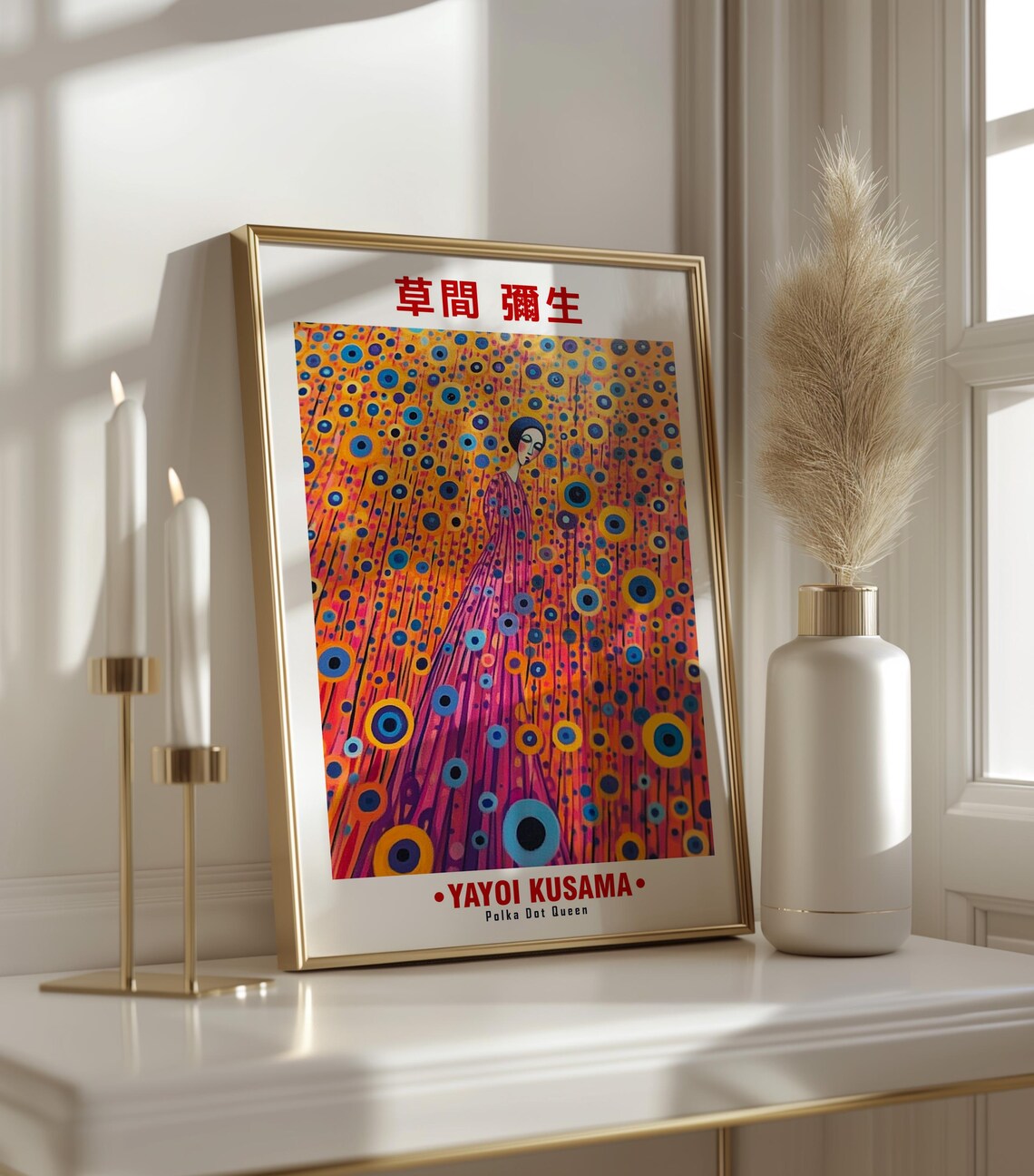 Yayoi Kusama-Inspired Woman in Dotted Flower Field Art Poster - Image 3