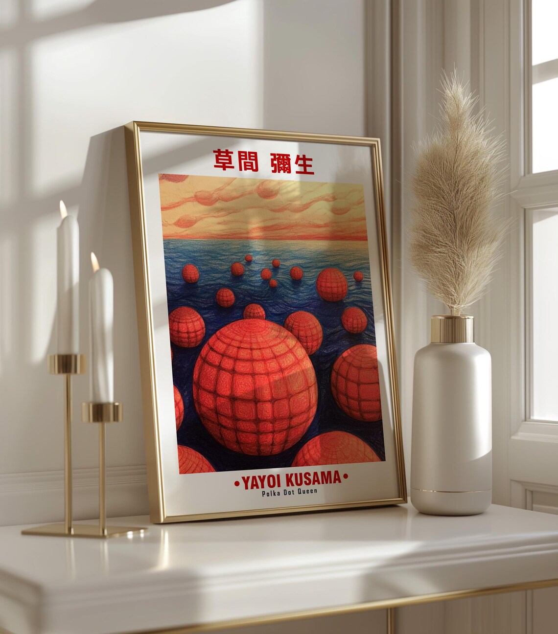 Yayoi Kusama Inspired Floating Red Spheres Ocean Scene Art Poster - Image 3