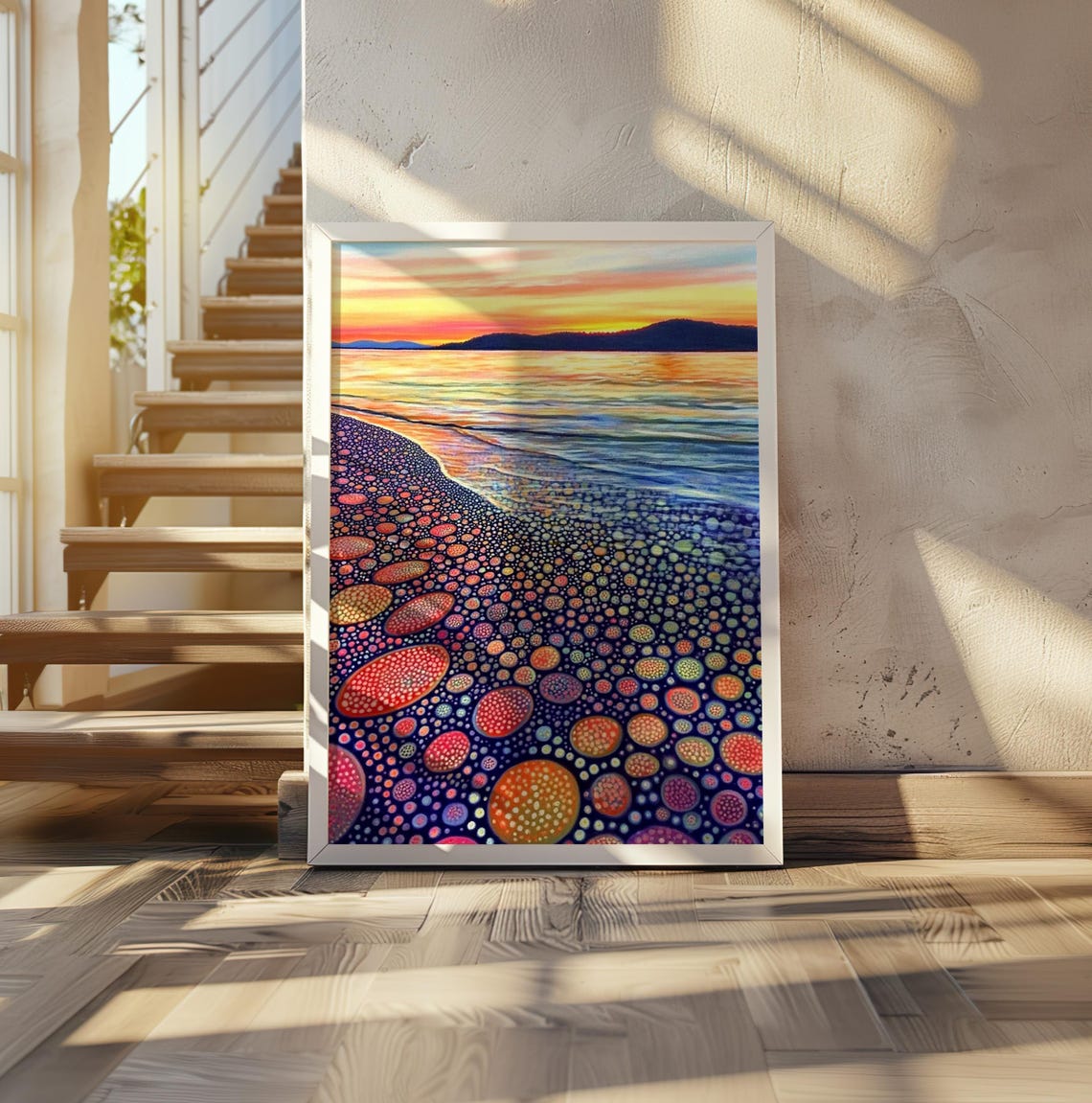 Kusama Inspired Dotted Pebble Beach Sunset Golden Shoreline Poster