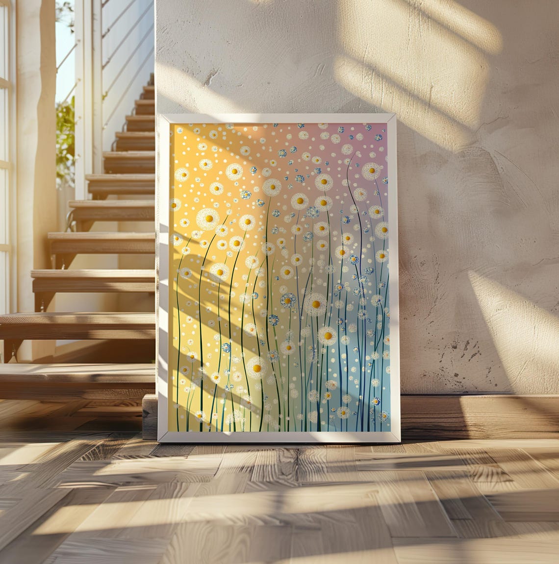 Dreamy White Daisy Meadow on a Yellow Gradient Dot Art Poster
