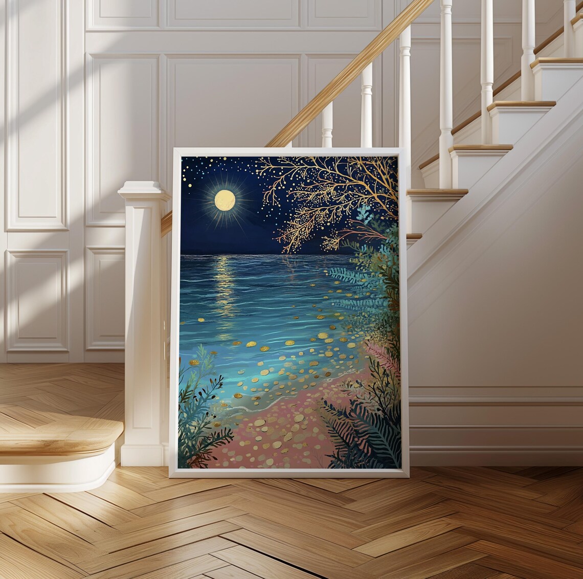 Dreamy Moonlit Beach with Golden Dots Kusama Style Art Poster - Image 2
