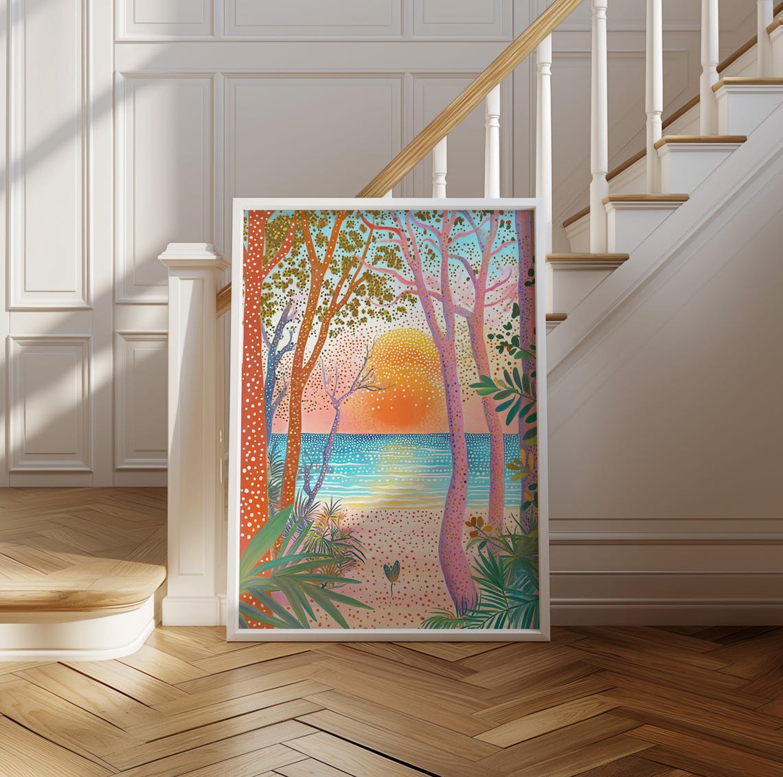 Vibrant Tropical Sunset Beach Seen Through Dotted Trees Art Poster - Image 2