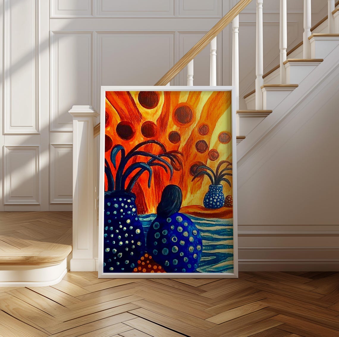 Blue Dotted Woman with Patterned Vessels at Sunset Art Poster - Image 2