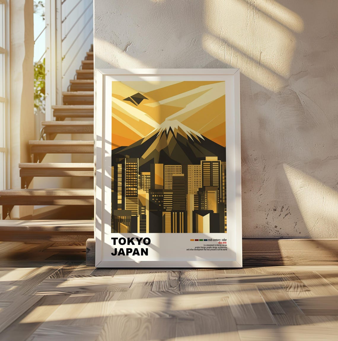 Tokyo Japan Mount Fuji Golden Geometric Skyline Mid Century Poster - Image 2