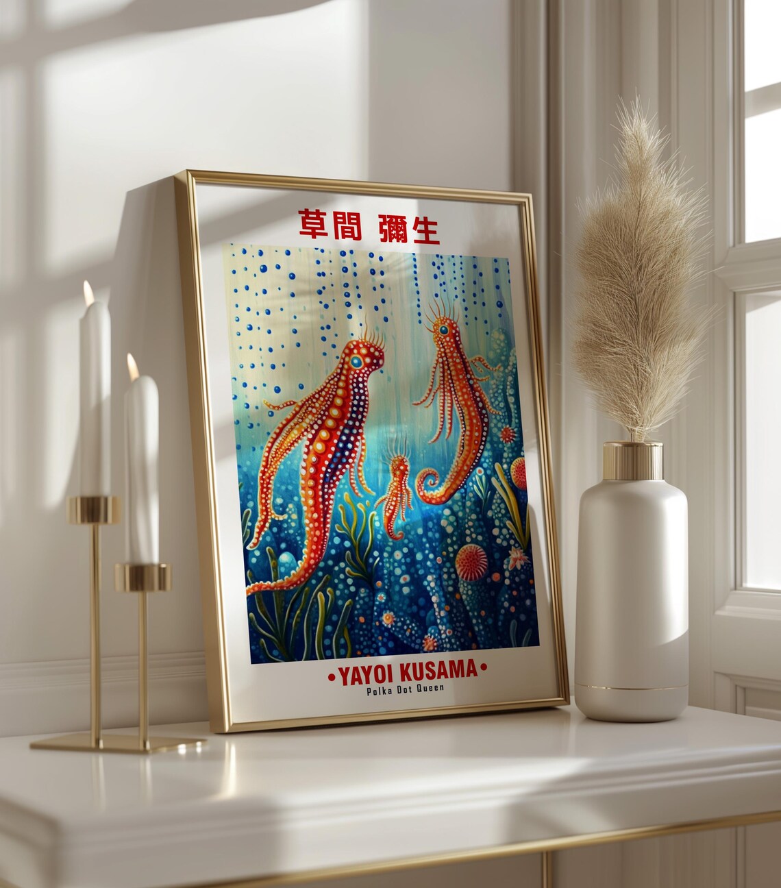 Orange Seahorses Blue Ocean Coral Reef Yayoi Kusama Inspired Poster - Image 3