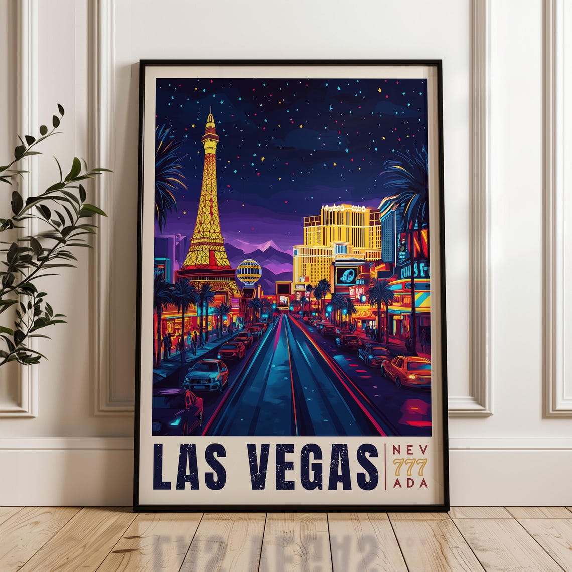 Las Vegas Nevada Night Strip Eiffel Tower Neon Retro Travel Poster