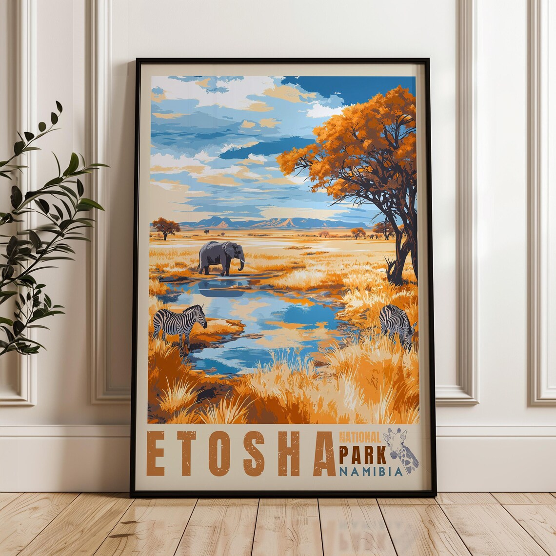 Etosha National Park Namibia Travel Poster Elephant Zebra Waterhole Safari