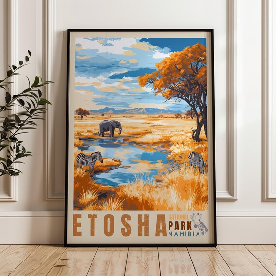 Etosha National Park Namibia Travel Poster Elephant Zebra Waterhole Safari