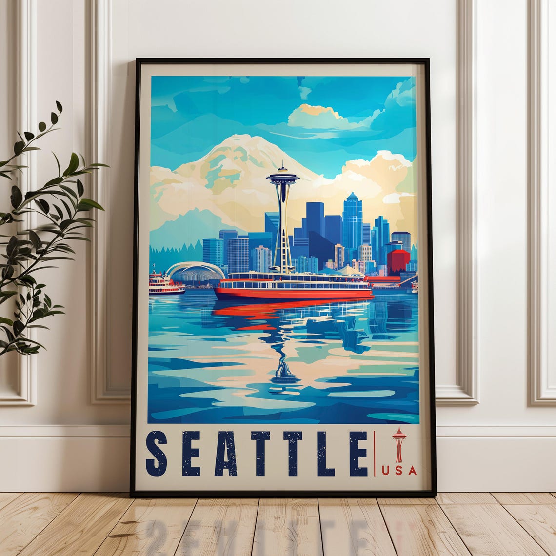 Seattle Washington Space Needle Skyline Harbor Waterfront Poster