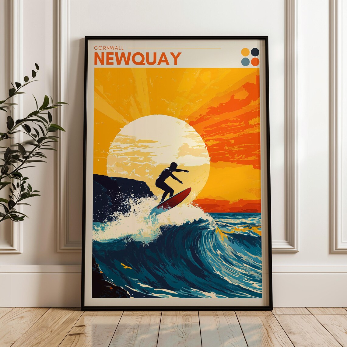 Newquay Cornwall England Surfer Sunset Wave Retro Travel Poster