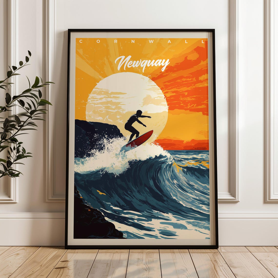 Newquay Cornwall Surfer Sunset Giant Wave Surfing Art Poster