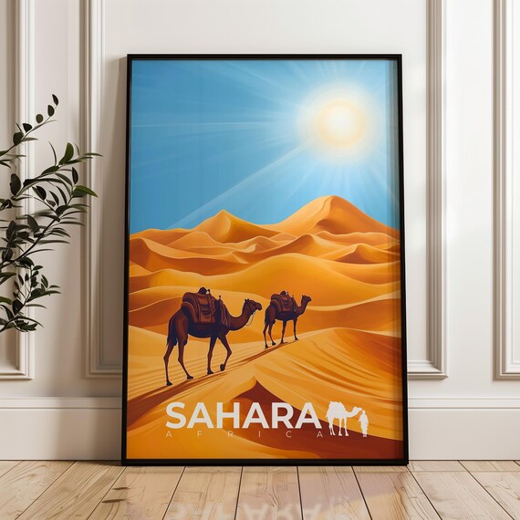 Sahara Desert Africa Camel Caravan Golden Dunes Travel Poster Art