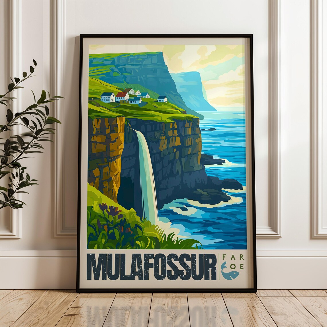 Mulafossur Waterfall Travel Poster, Faroe Illustration