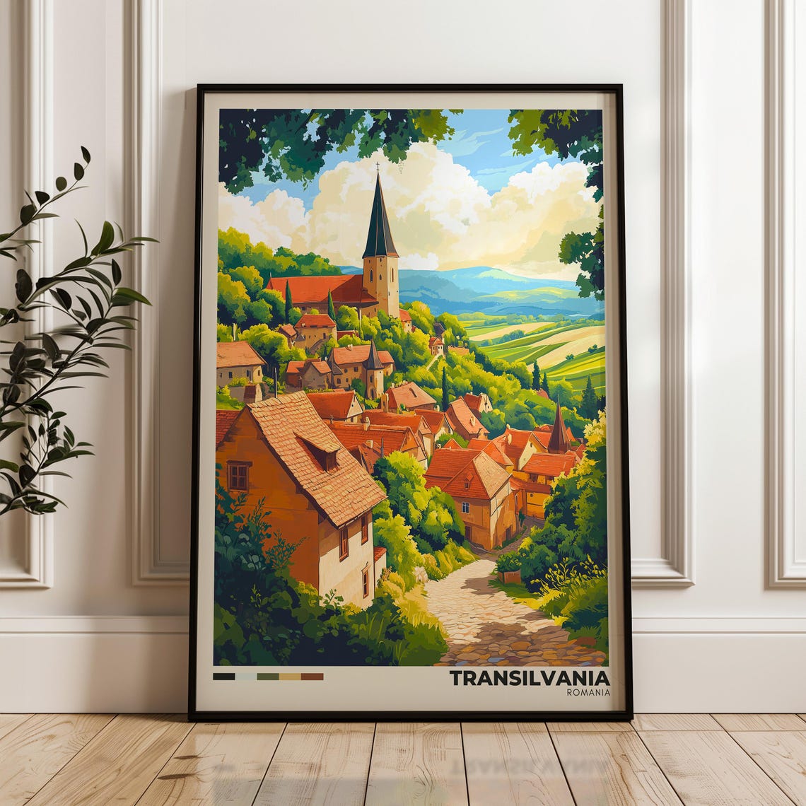 Transylvanian Village Church Among Red Roofs Romania Travel Poster