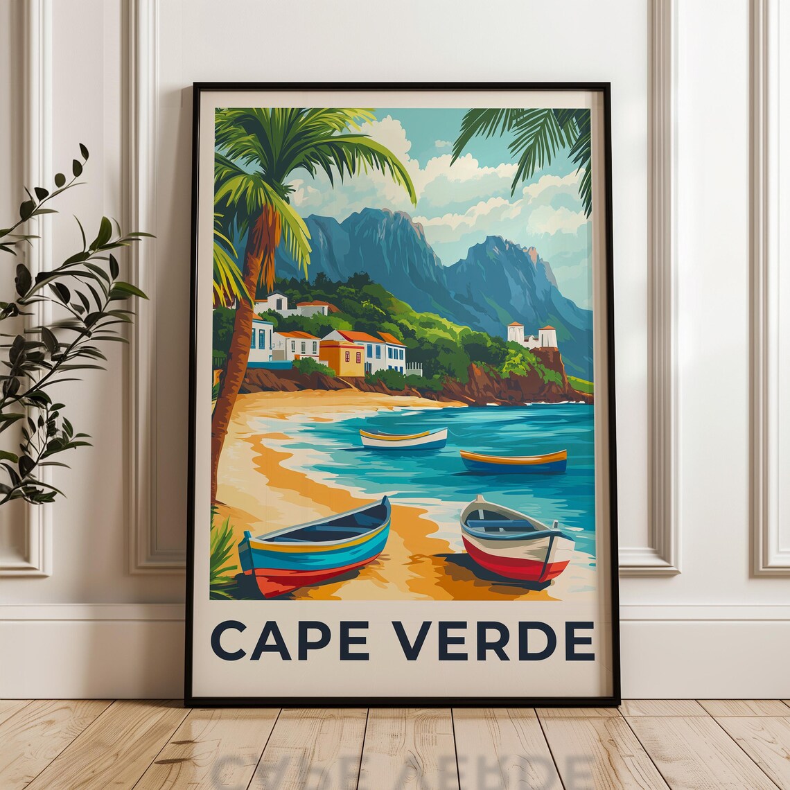 Cape Verde Fishing Boats on a Palm Beach Africa Travel Poster