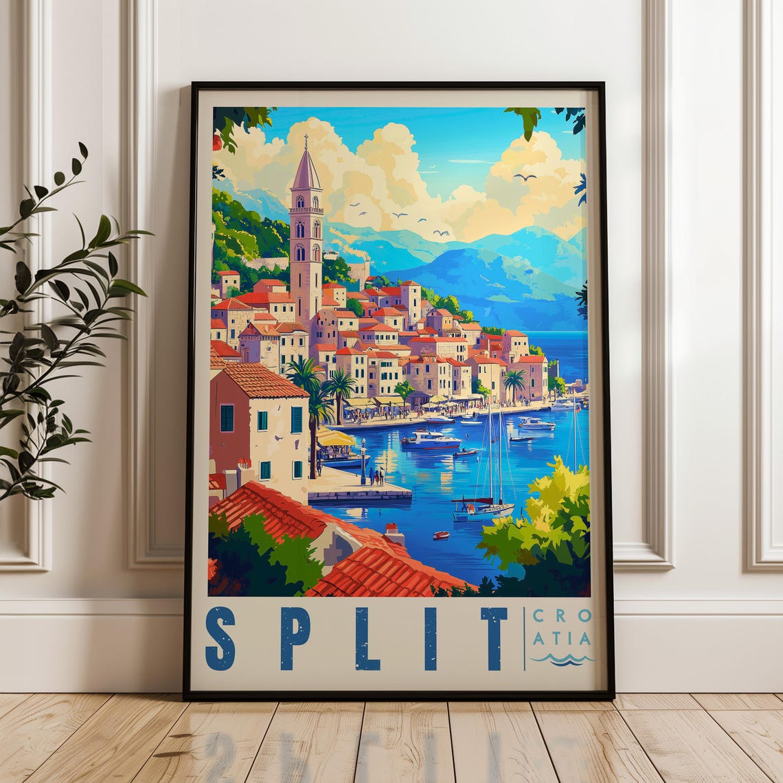Split Old Town Harbor with Bell Tower Croatia Adriatic Travel Poster