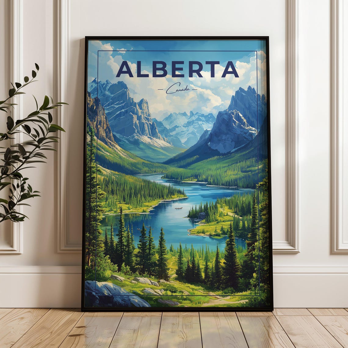 Alberta Alpine Lake Peaks Framed Border Canada Travel Poster