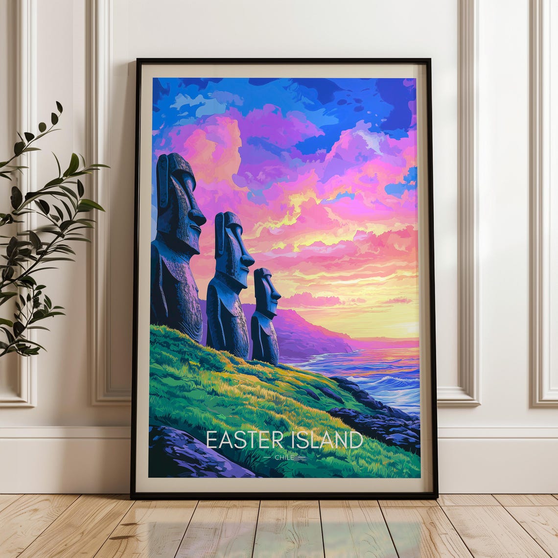 Easter Island Chile Moai Statues Pacific Sunset Rapa Nui Travel Poster