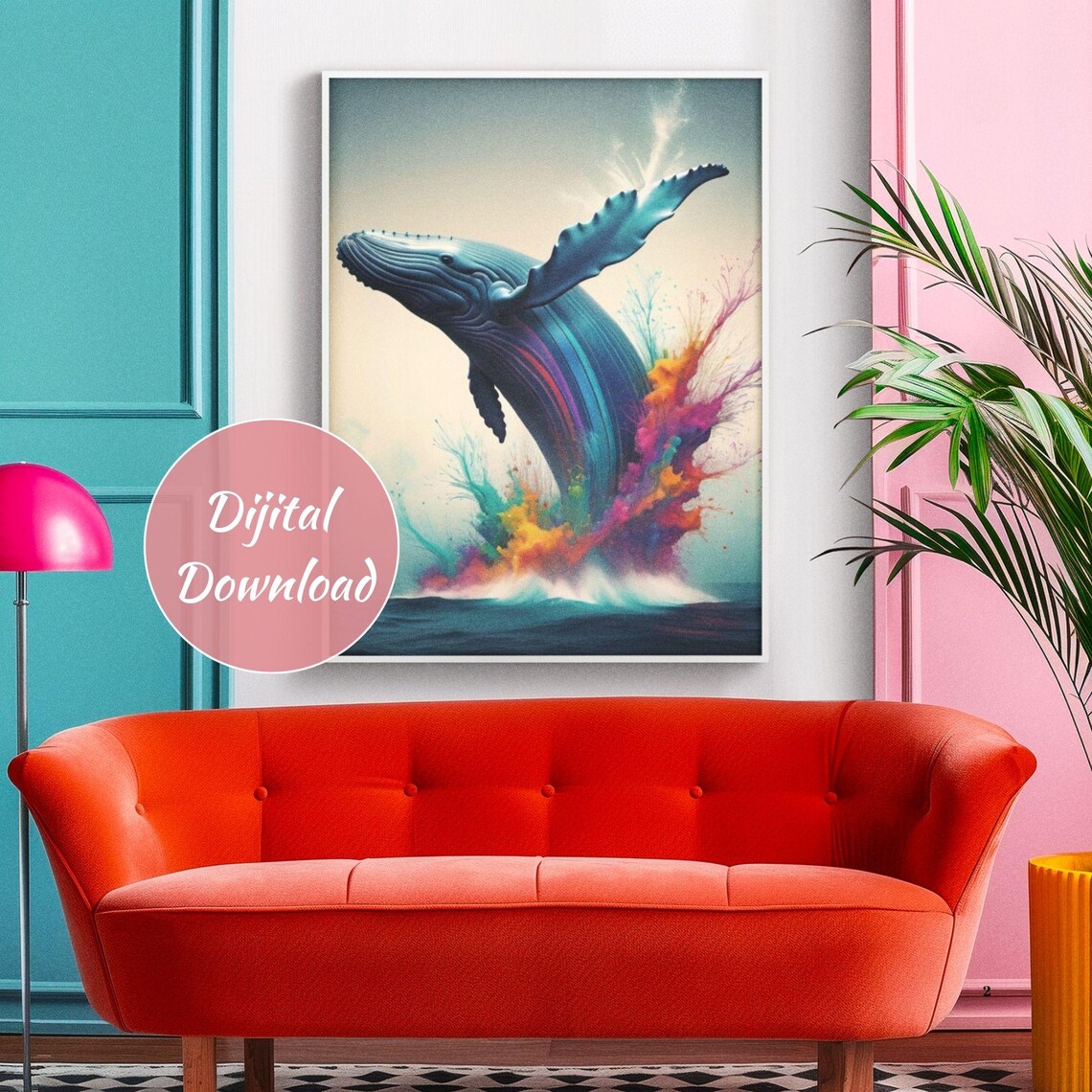 Humpback Whale Breaching Colorful Paint Splash Ocean Wildlife Art Poster