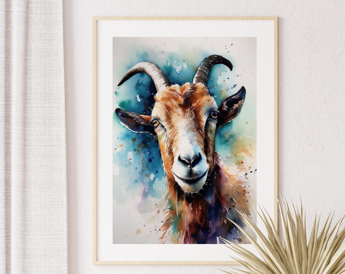 Goat Watercolor Portrait Brown Farm Animal Splash Art Poster