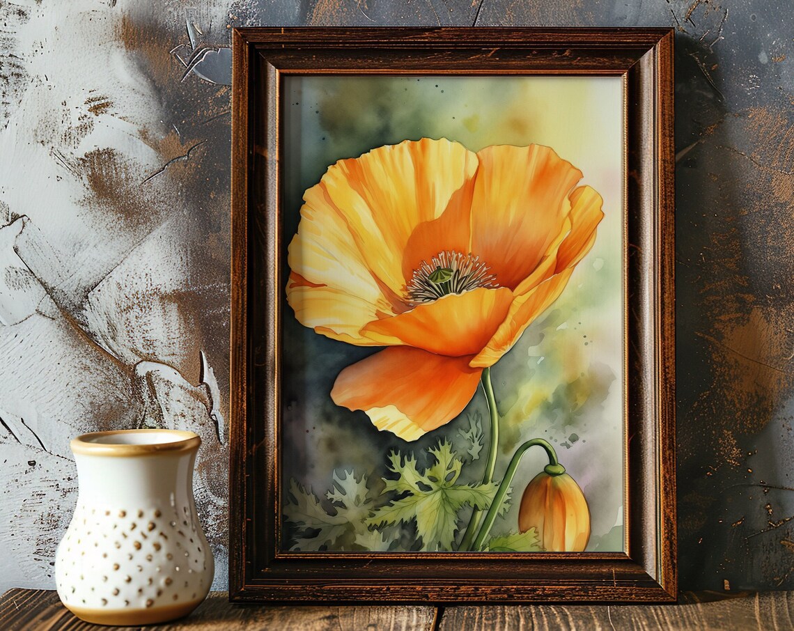 Orange Poppy Flower With Bud Watercolor Rustic Botanical Art Poster