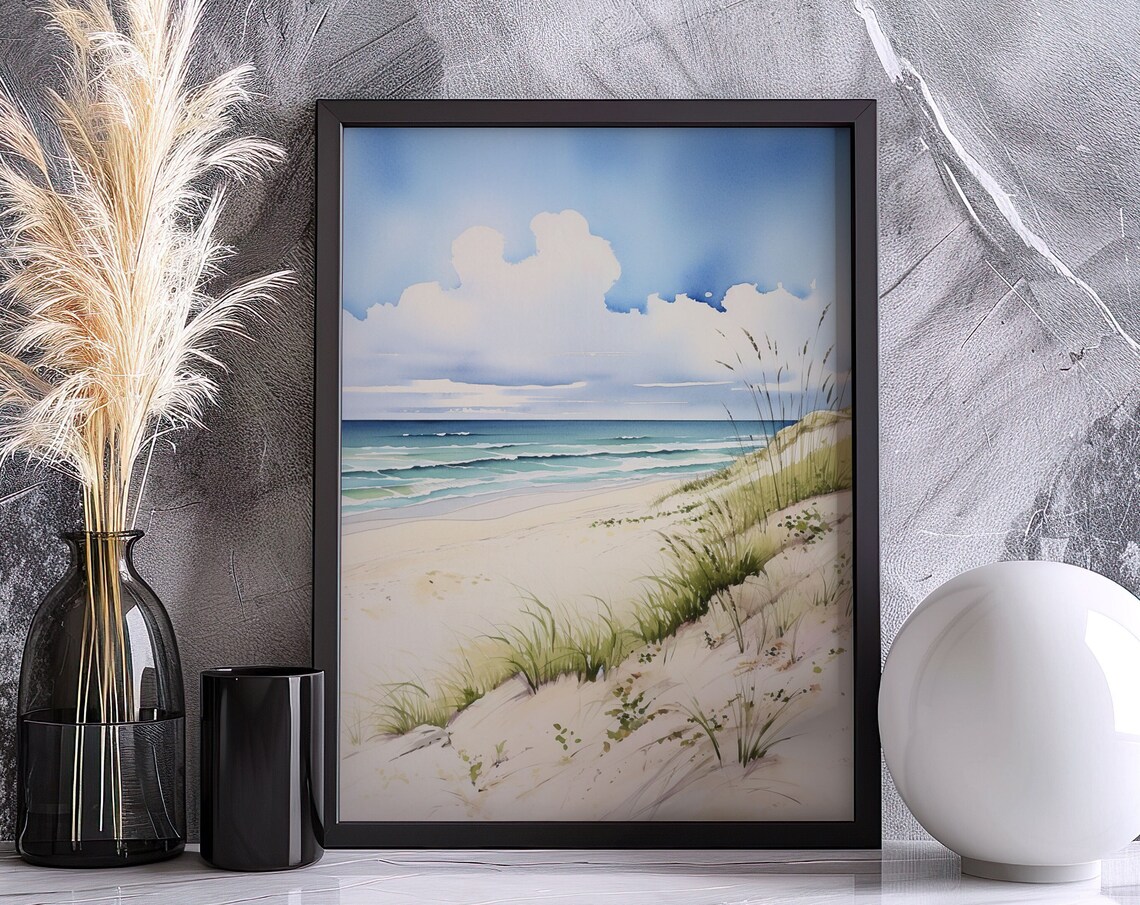 Ocean Beach Watercolor Landscape Sandy Dunes Coastal Art Poster