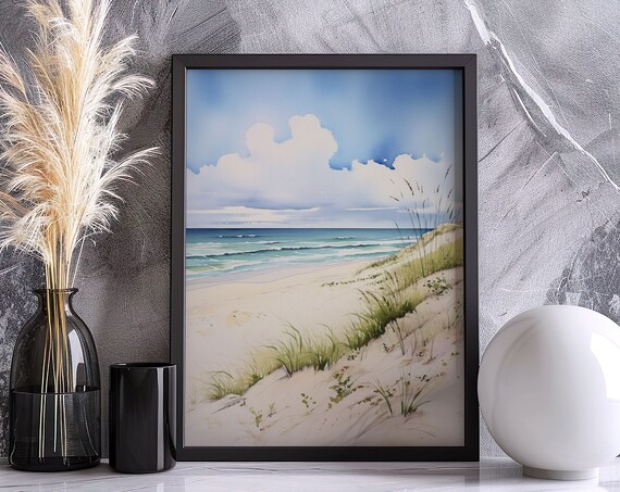 Ocean Beach Watercolor Landscape Sandy Dunes Coastal Art Poster