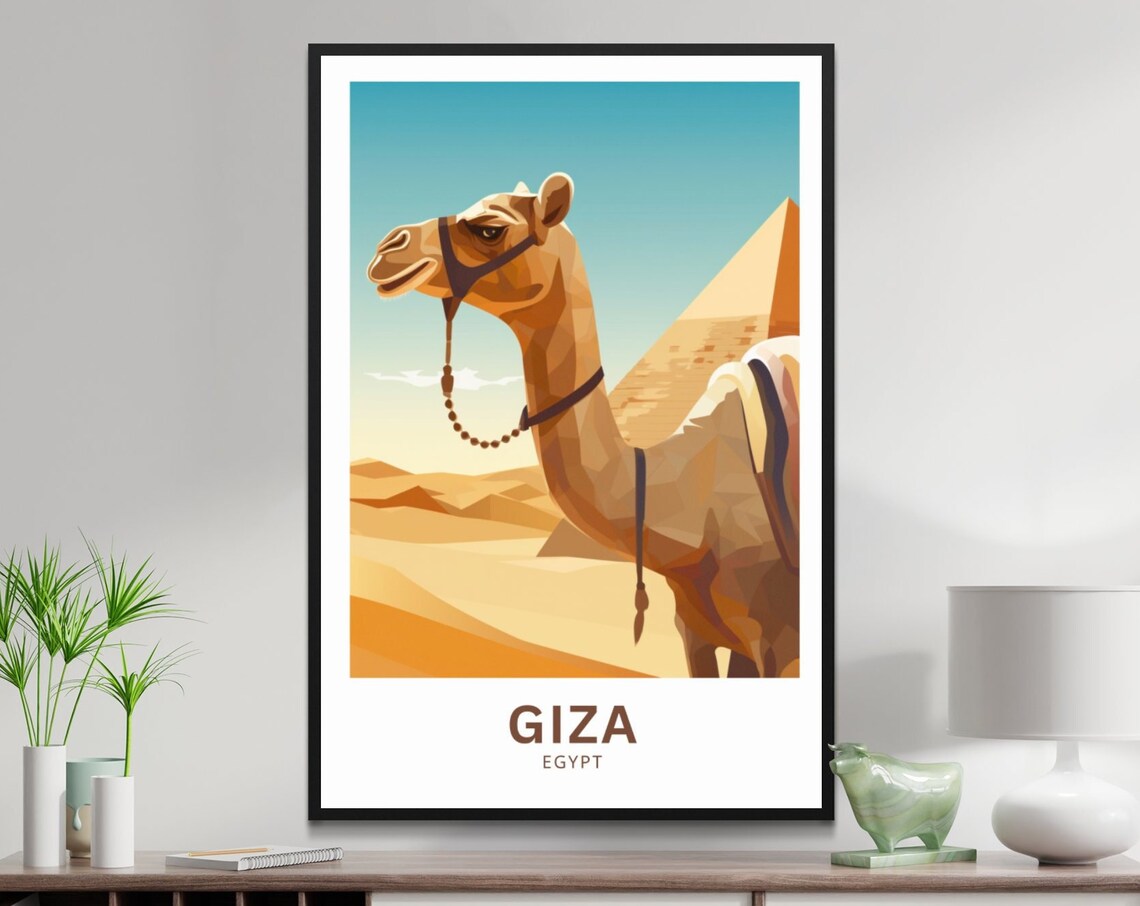 Giza Egypt Camel Portrait Pyramid Desert Golden Tones Poster
