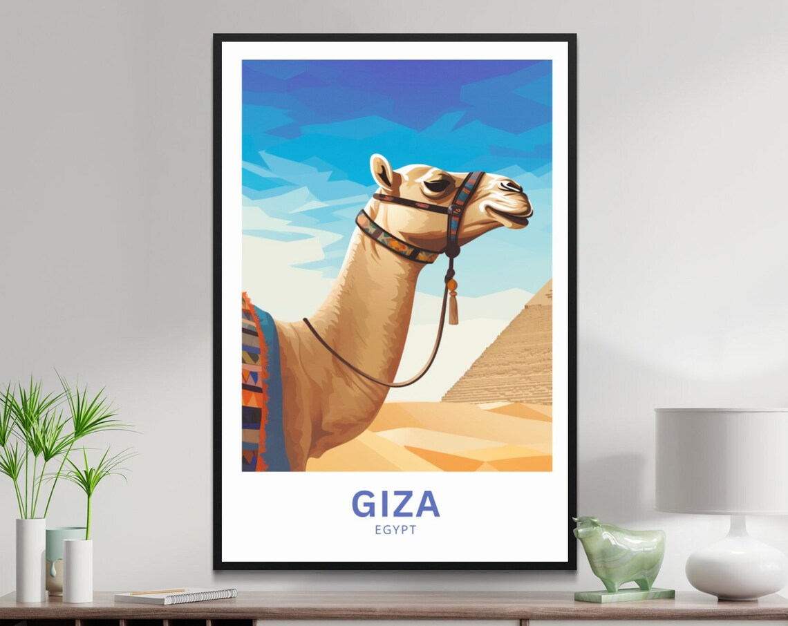 Giza Egypt Camel Pyramid Patterned Saddle Desert Scene Poster