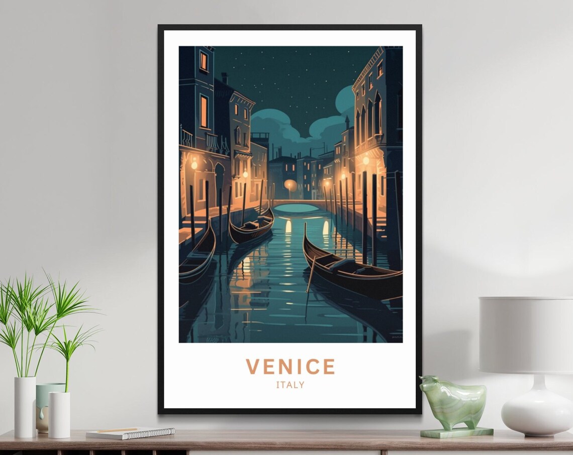 Venice Italy Night Canal Gondolas Moonlight Romantic Travel Poster