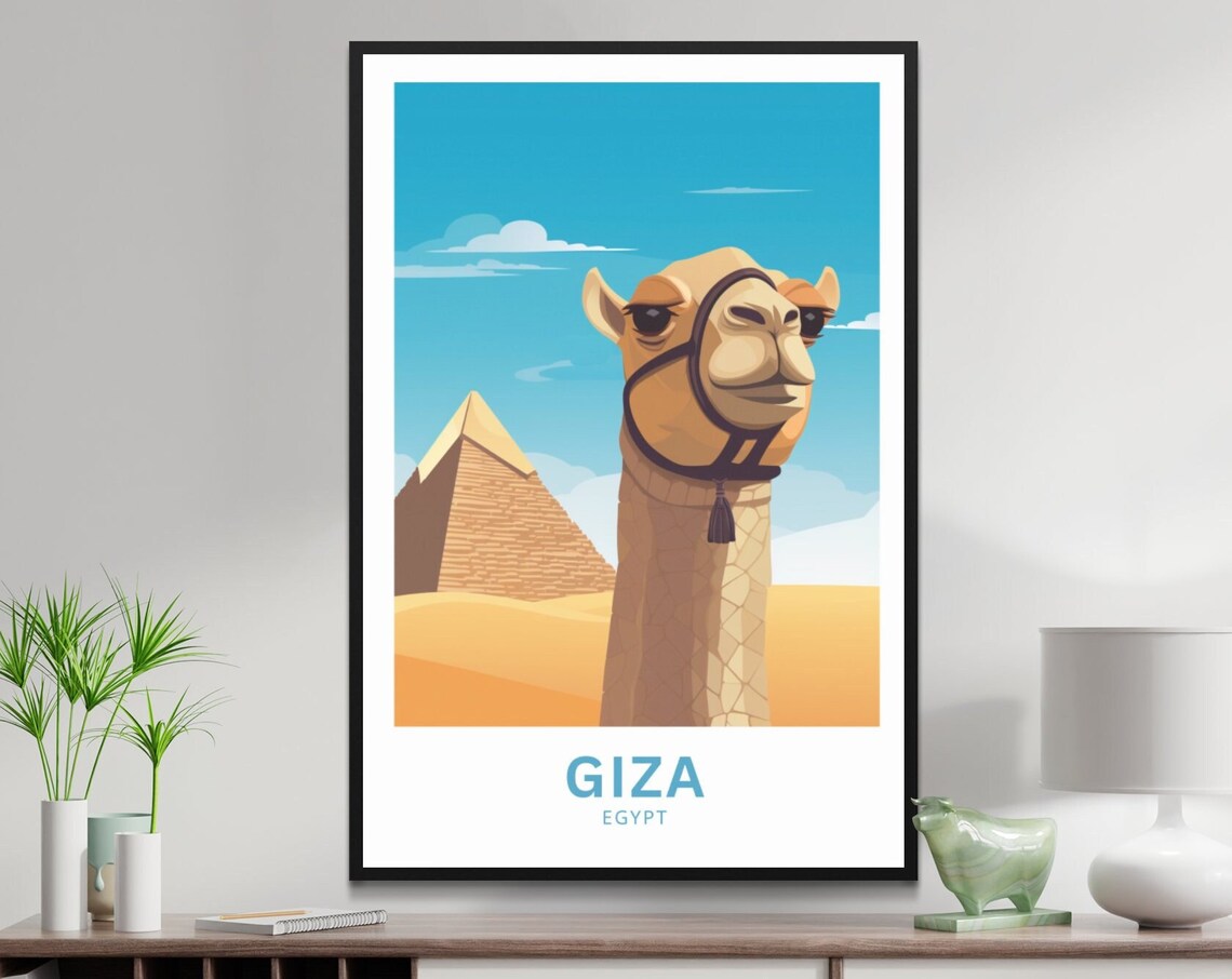 Giza Egypt Smiling Camel Portrait Pyramid Desert Scene Poster