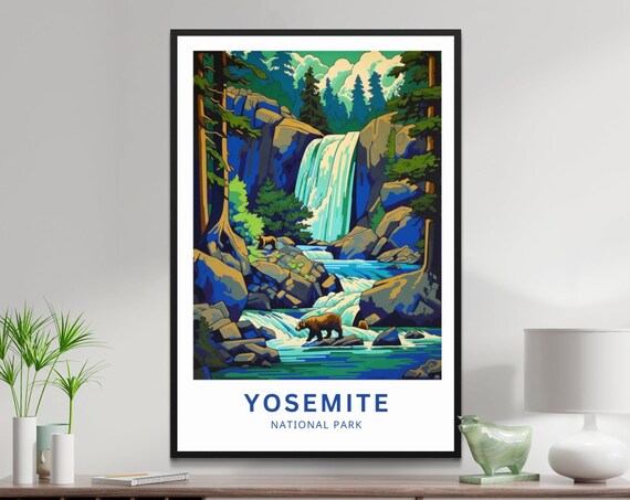 Yosemite National Park Bear Rapids Blue Waterfall Travel Poster
