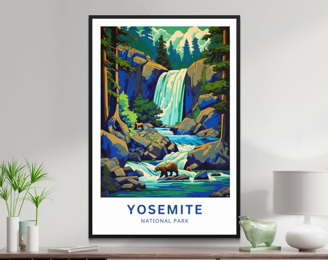 Yosemite National Park Bear Rapids Blue Waterfall Travel Poster