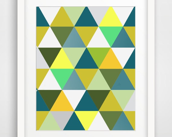 Geometric Triangle Wall Print Lime Green Mustard Yellow Geometric Art Navy Blue Geometric Art Print Modern Green Artwork