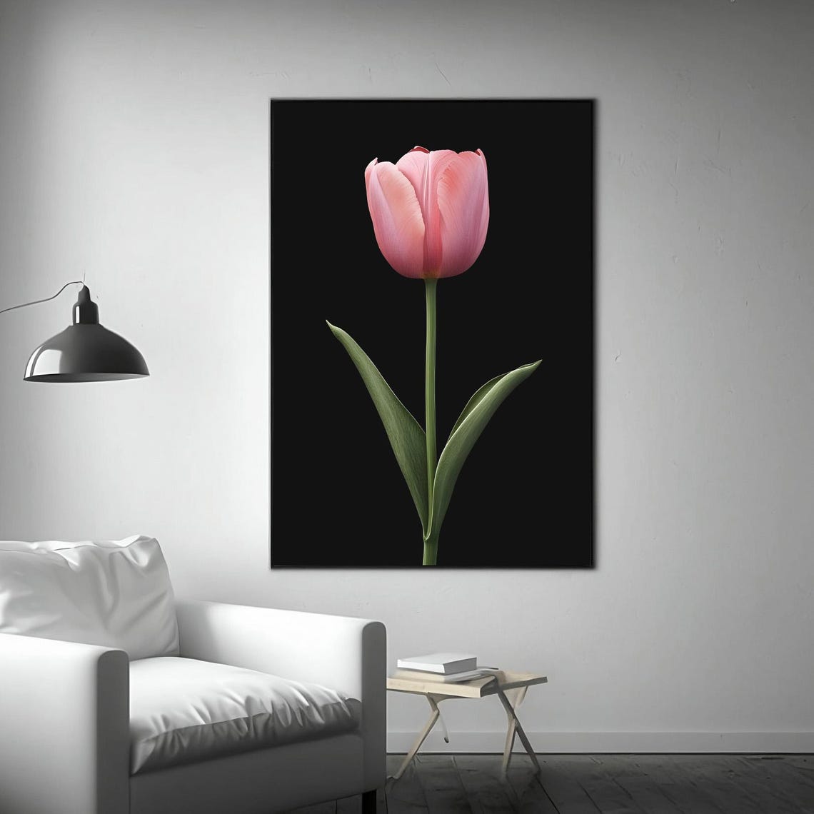Pink Tulip on Black Background Minimal Modern Botanical Wall Print - Image 3