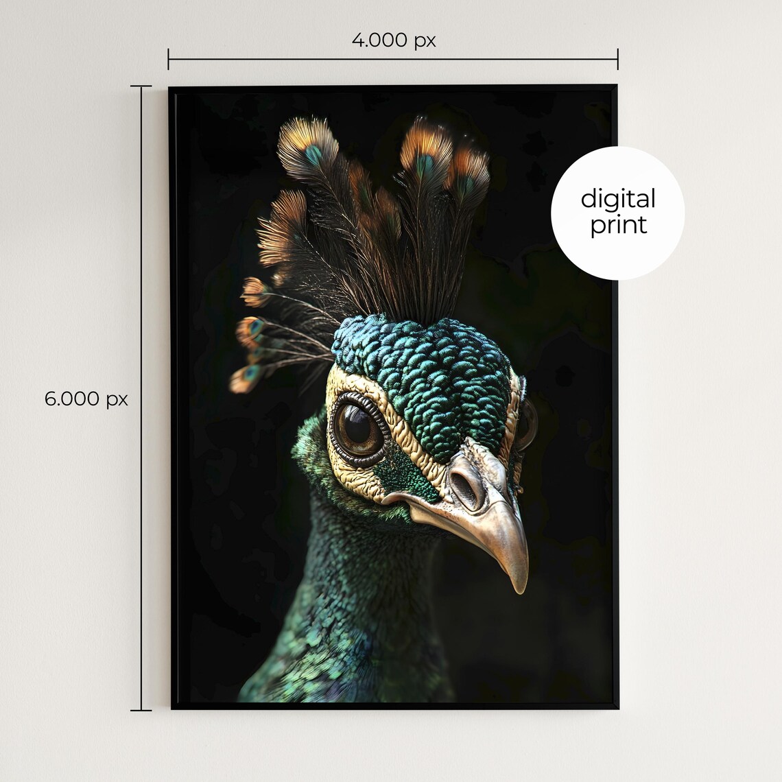 Peacock Head Close Up Iridescent Feathers Black Background Wall Print - Image 2