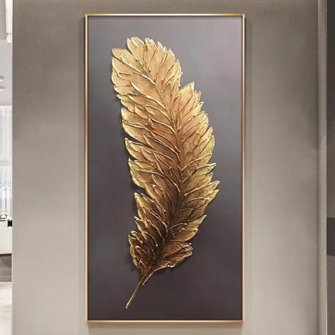 Gold Feather on Black Background Vertical Art Print
