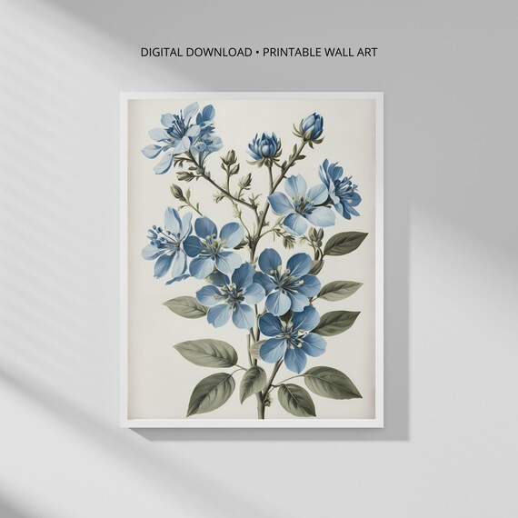 Modern Botanical Wall Art Print Whispers Of Blue Minimalist Decor