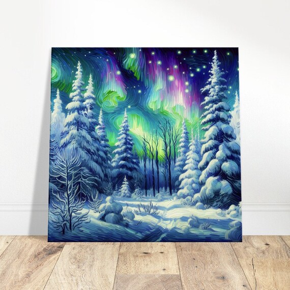 Aurora Borealis Snowy Pine Forest Night Sky Oil Painting Poster