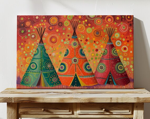 Beautiful Three Decorated Teepees Sunset Camp Colorful Folk Poster