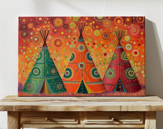 Teepees Landscape Indigenous Metis Wall Art Cultural Colourful Abstract Artwork Traditional Teepee Painting