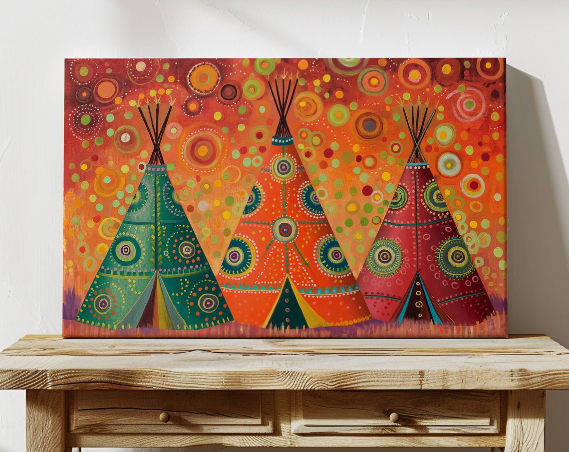 Beautiful Three Decorated Teepees Sunset Camp Colorful Folk Poster