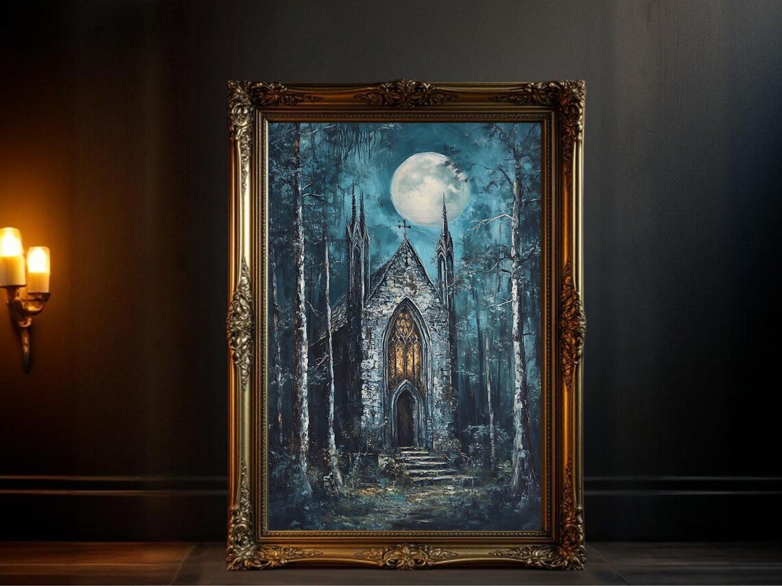 Gothic Cathedral Moonlit Night, Halloween Art Print