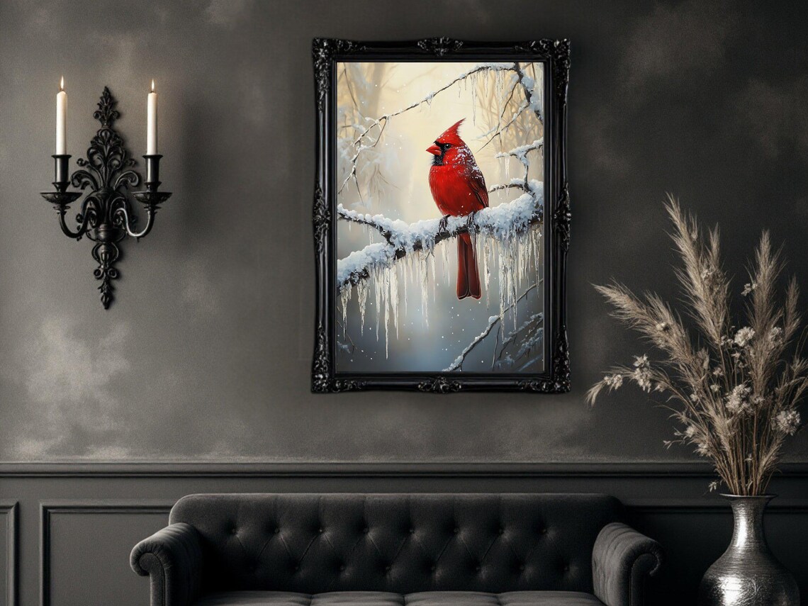Winter Cardinal Bird, Snowy Nature Scene Art Print - Image 3